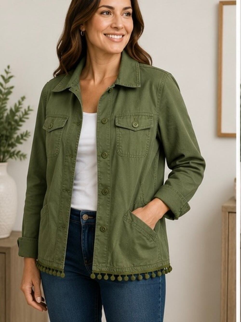 Talbots Army Green Utility Jacket Pom Pom Hem 100% Cotton Button Front Medium